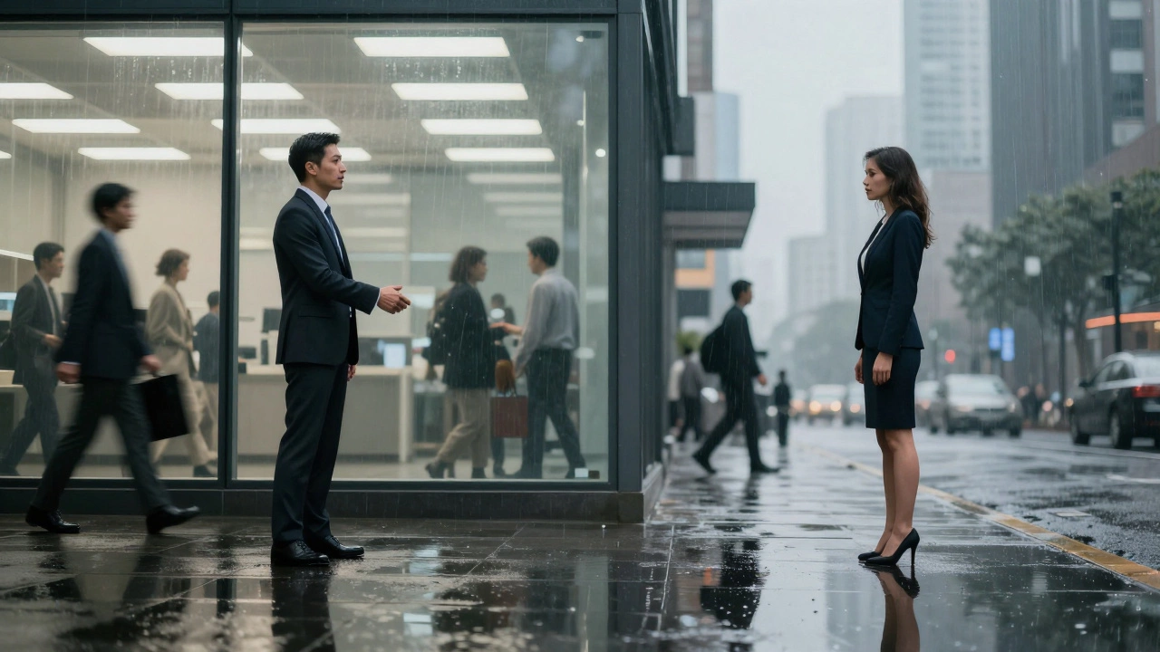 A corporate executive and a woman on a street corner are shown side by side, illustrating societal double standards in judgment and privilege.
