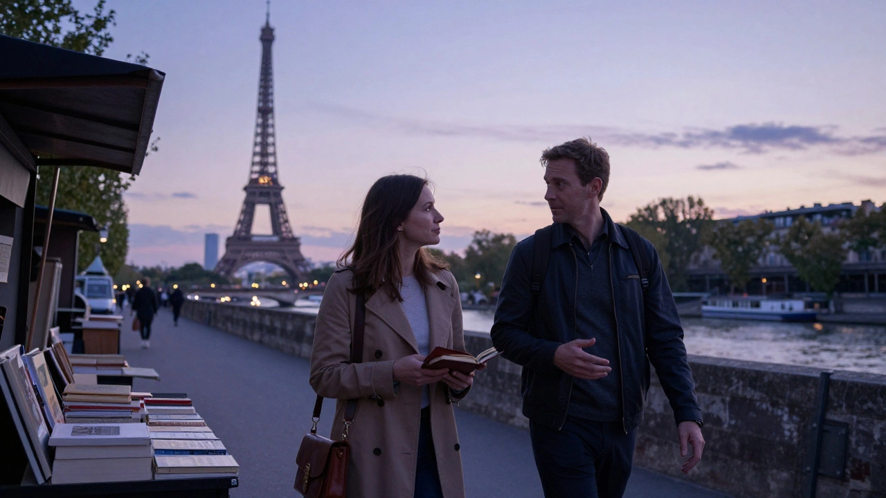 A man and woman walking along the Seine at sunset, passing bookstalls with the Eiffel Tower in the distance.