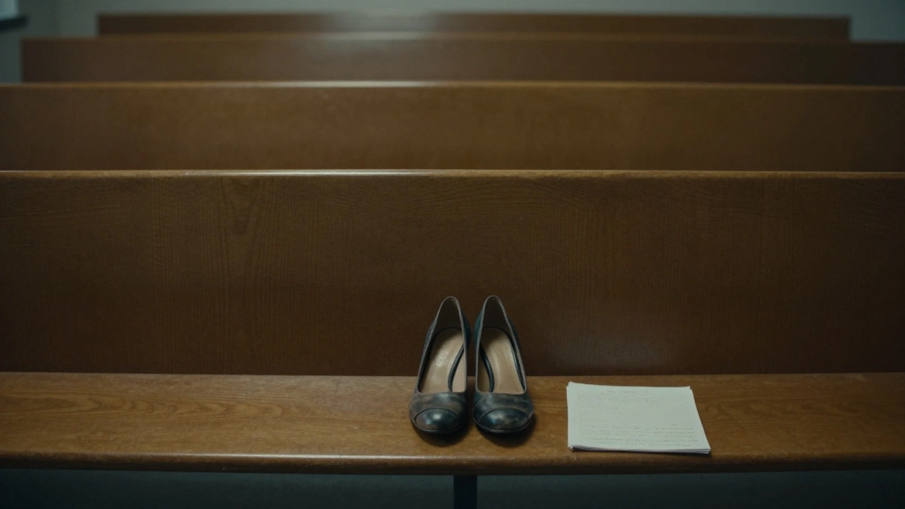 A pair of worn high-heeled shoes rests alone on a courtroom bench, symbolizing the invisibility of those punished for survival.