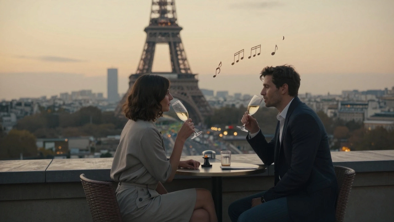 Two people on a rooftop terrace at dusk, watching the Eiffel Tower glow with champagne in hand.